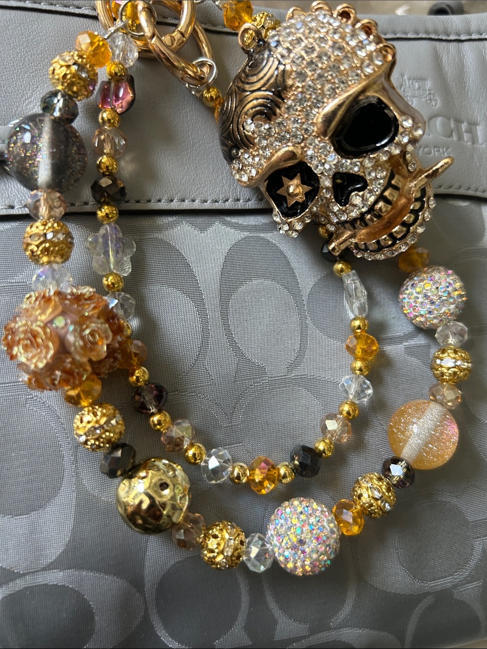 Keychain Gold Crystal Skull Beaded with Iridescent and Amber Accents